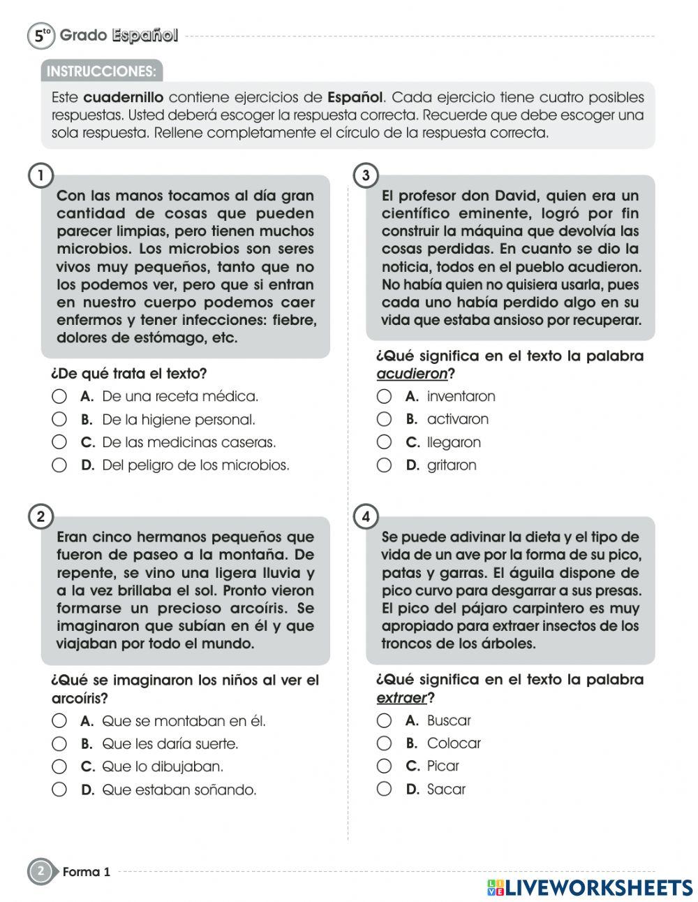 Prueba de fin de grado - español- quinto grado