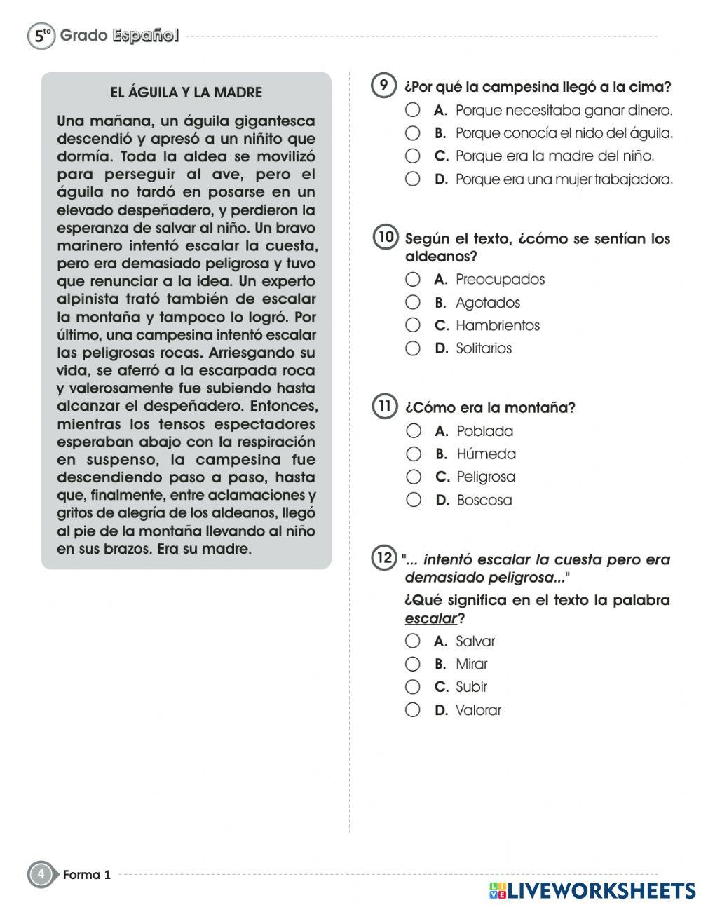 Prueba de fin de grado - español- quinto grado