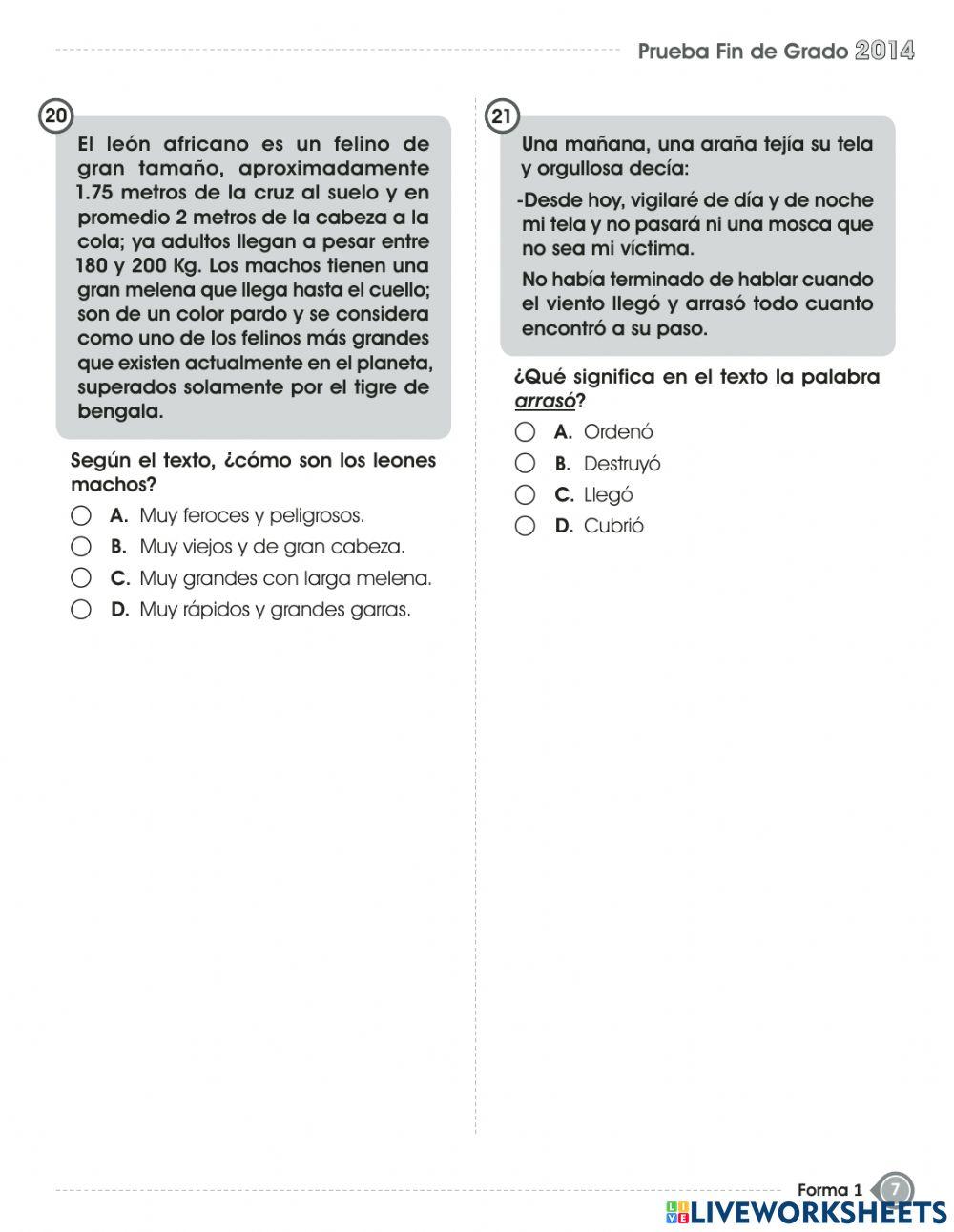 Prueba de fin de grado - español- quinto grado