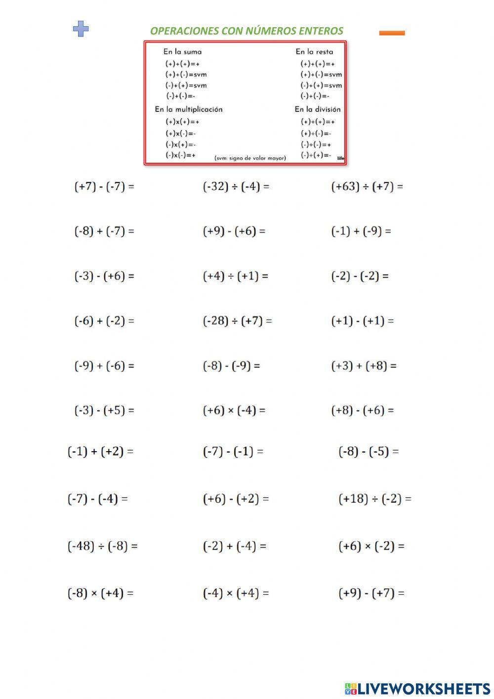 Operaciones con números enteros
