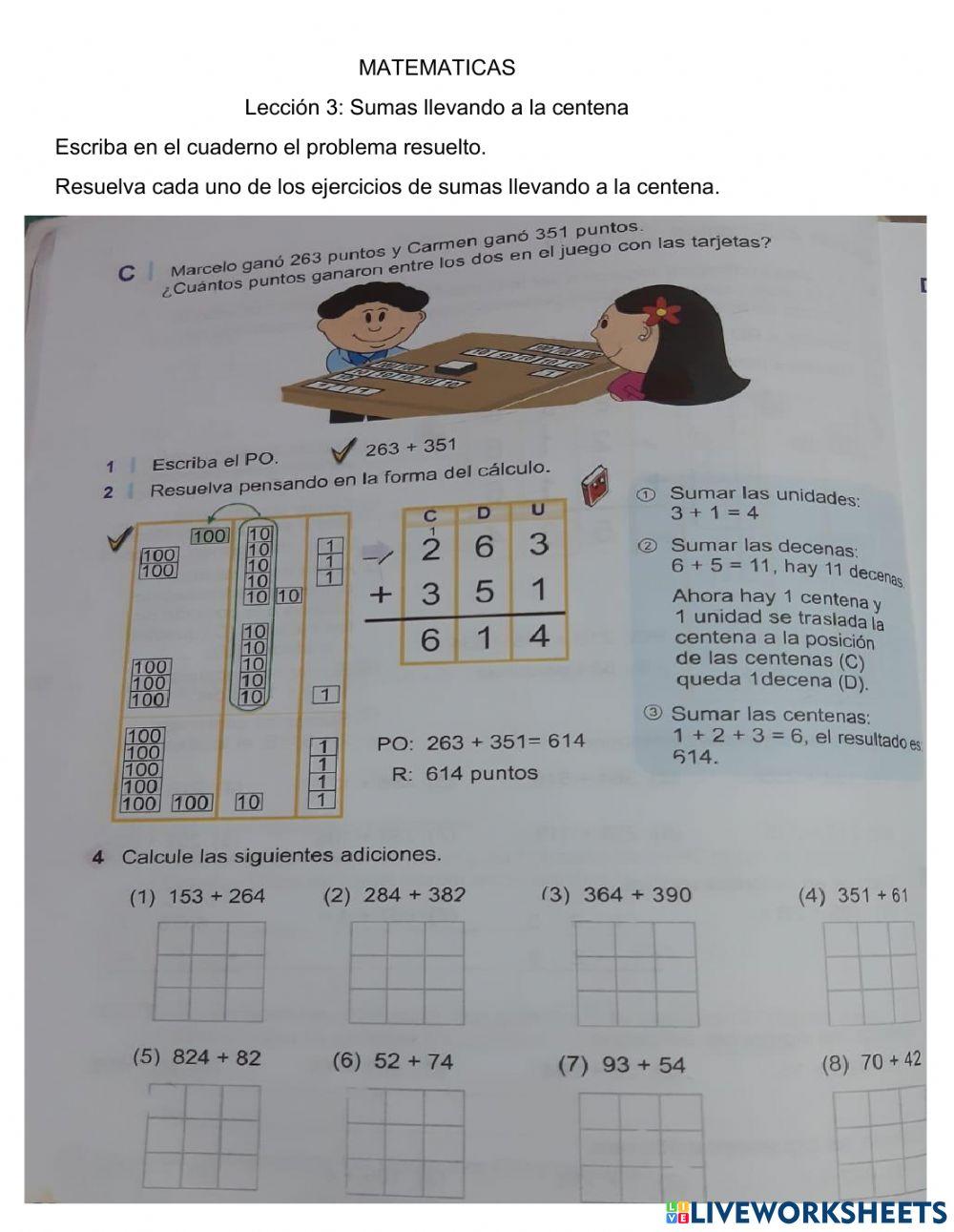 Ejercicios de sumas llevando a la centena