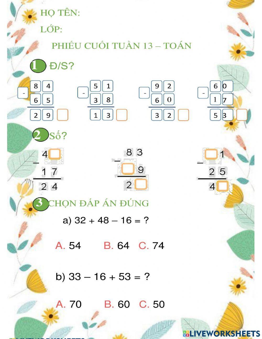 Phiếu toán cuối tuần 13