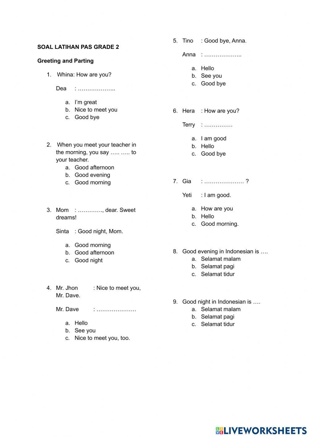 Latihan Soal Bahasa Inggris Grade 2 Semester 1 Latihan Soal Bahasa Inggris Grade 2 Semester 1