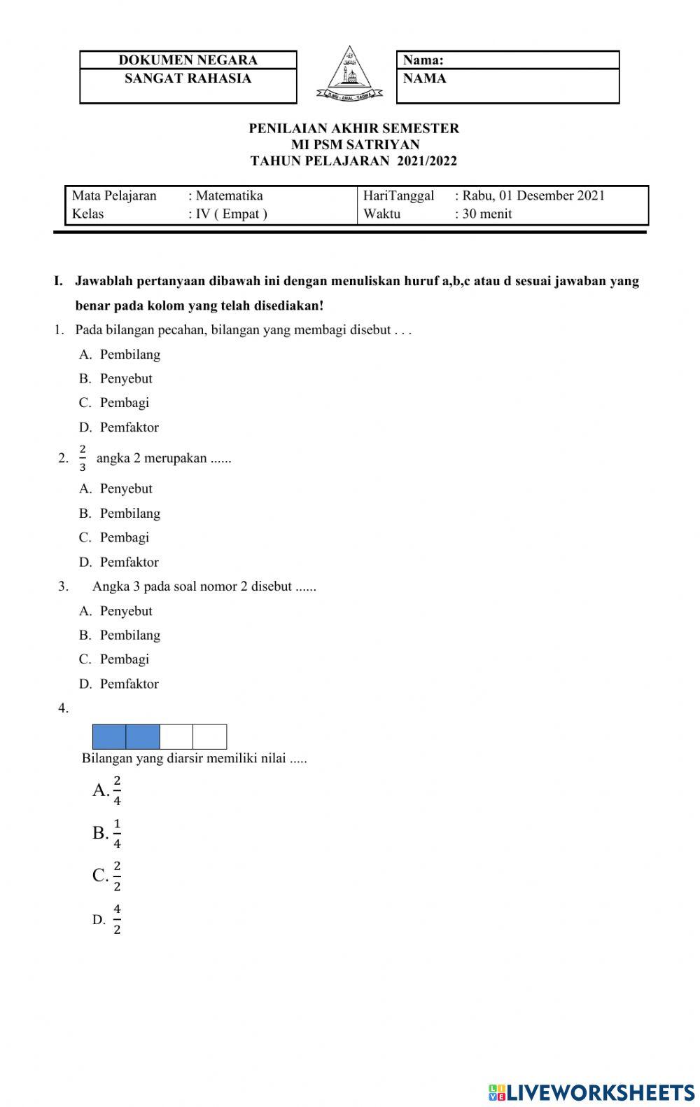 Soal PAS Matematika kelas 4