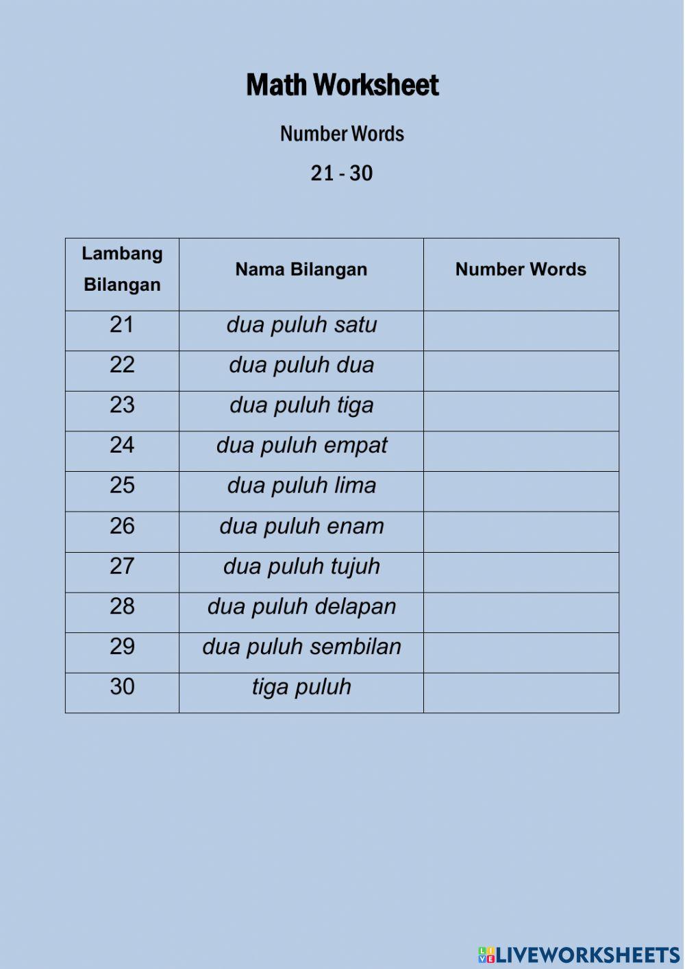 Number Words (21-30)