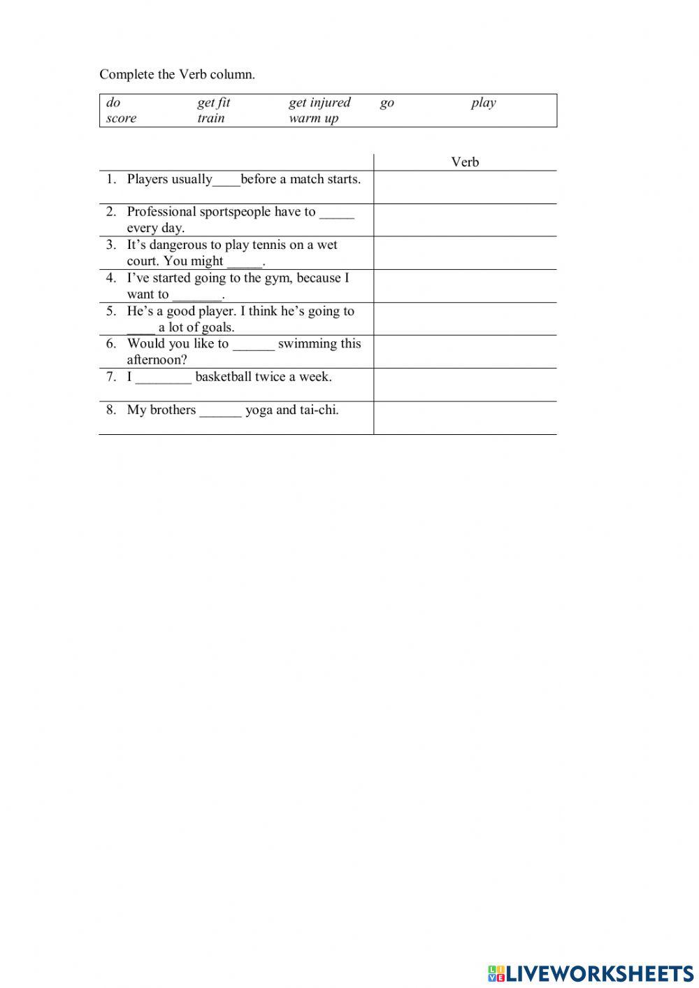 Complete the Verb column