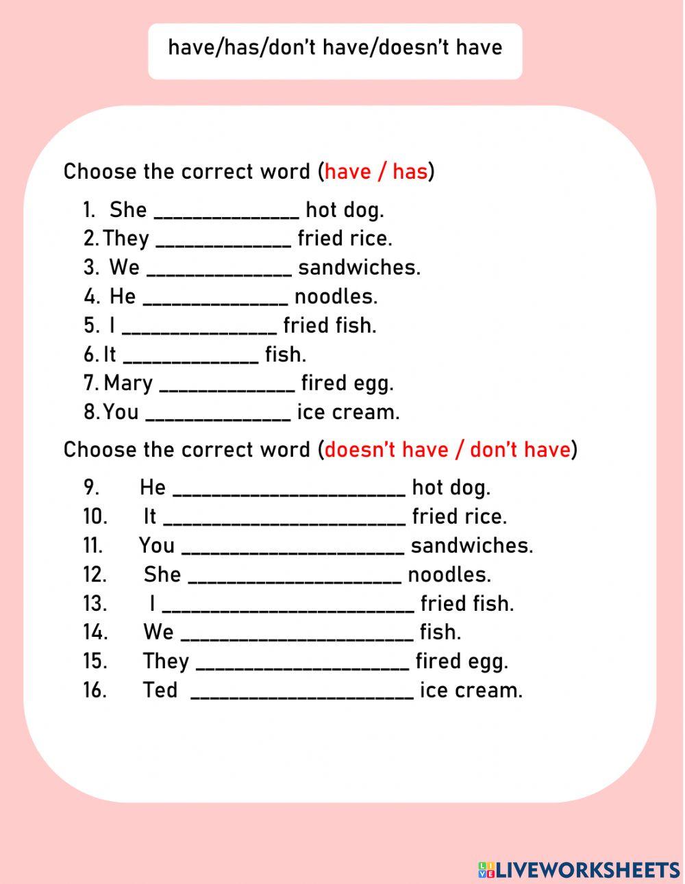 Grade 2: have -has-doesn't have-don't have