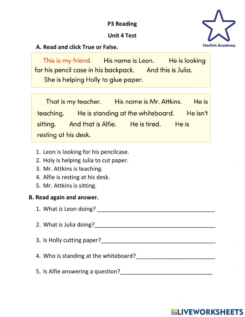 P3 Unit 4 Vocabulary and reading test