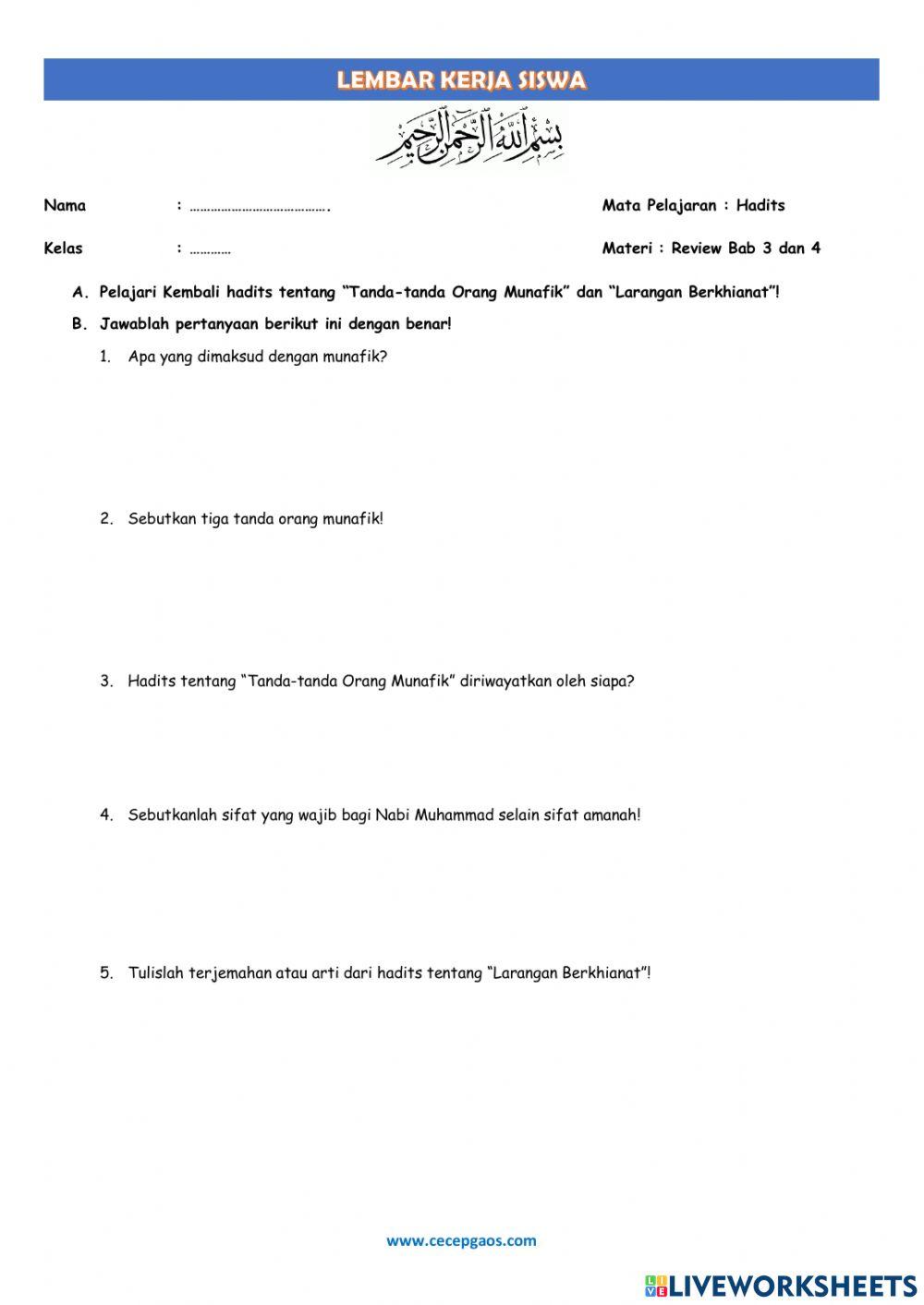 LKPD Interaktif Hadits Tentang Tanda Orang Munafik dan Larangan Berkhianat