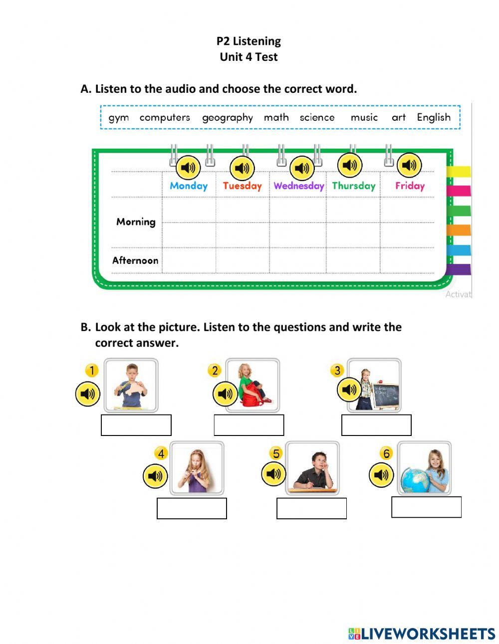 P2 Listening and speaking unit 4 test