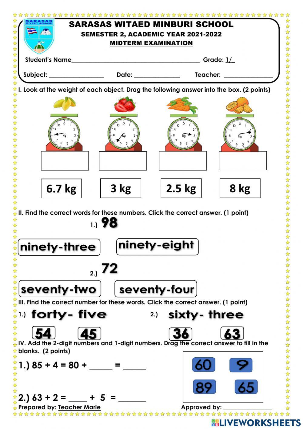Mathematics midterm exam online exercise for live worksheets