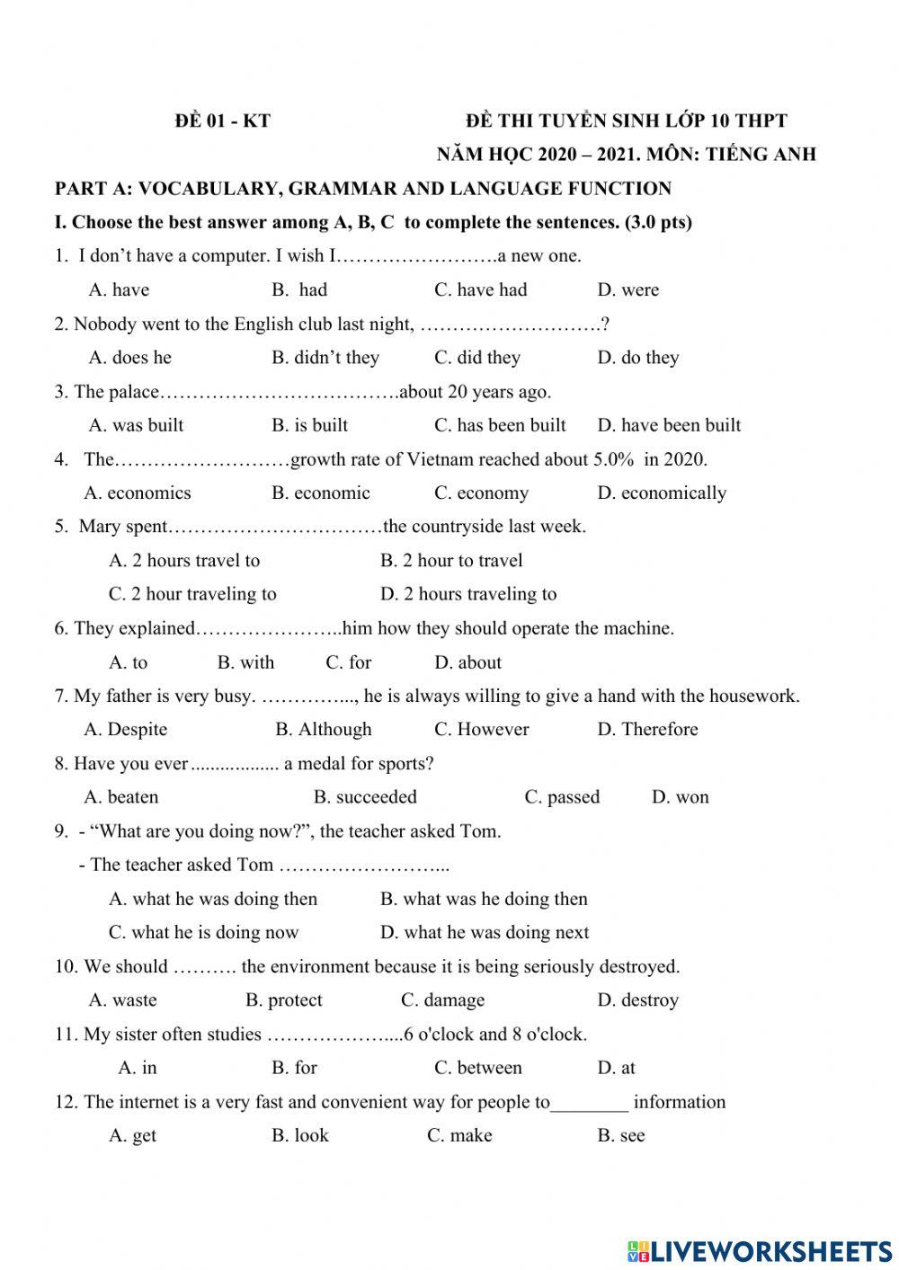 Đề thi thử vào 10- Tứ kì 2021