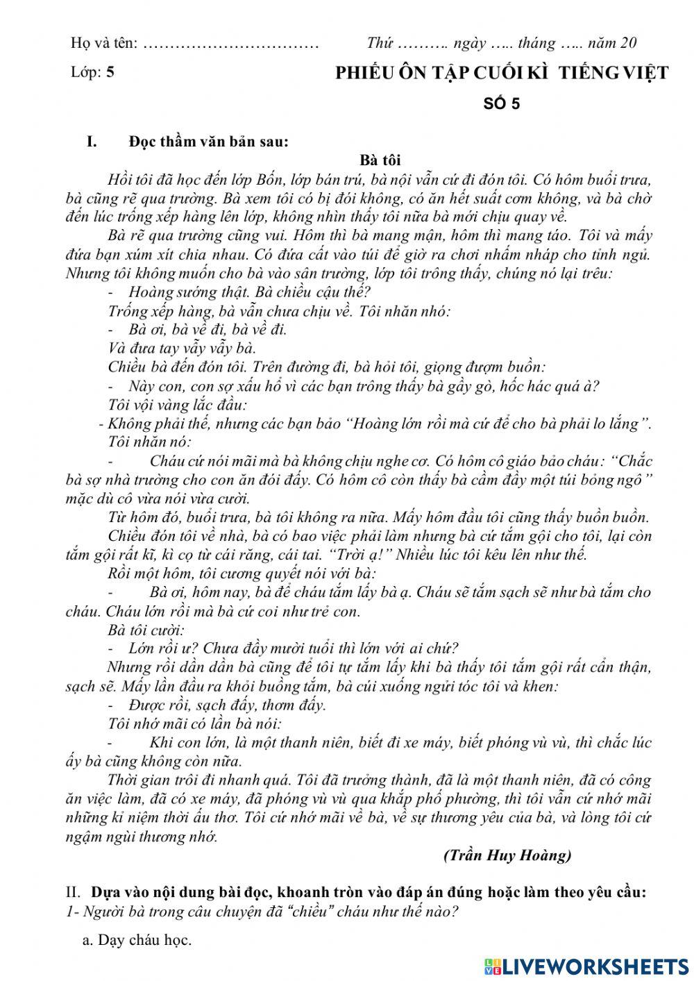 Phiếu ôn tập Tiếng Việt số 5