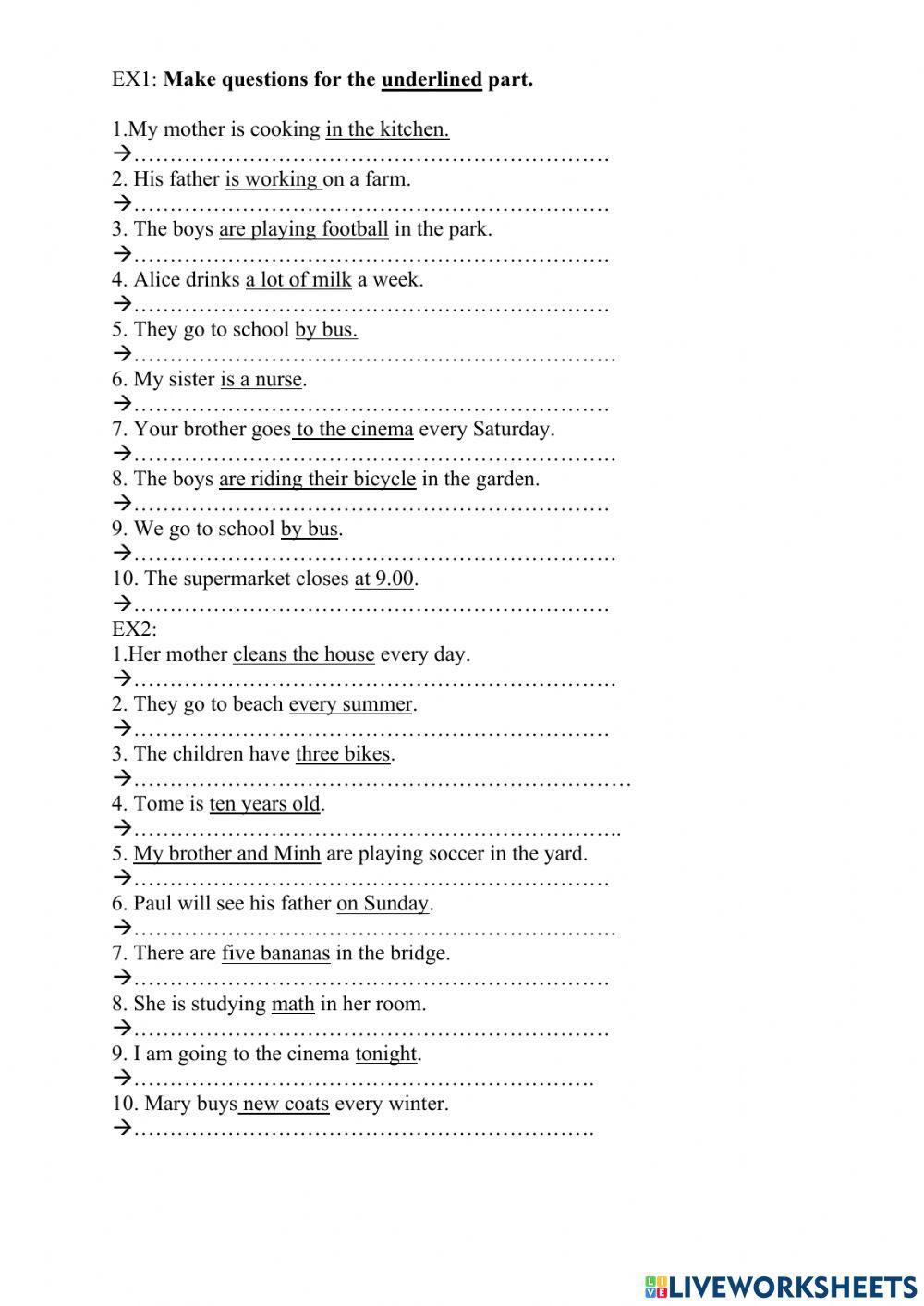 Make Questions For The Underlined Parts Worksheet