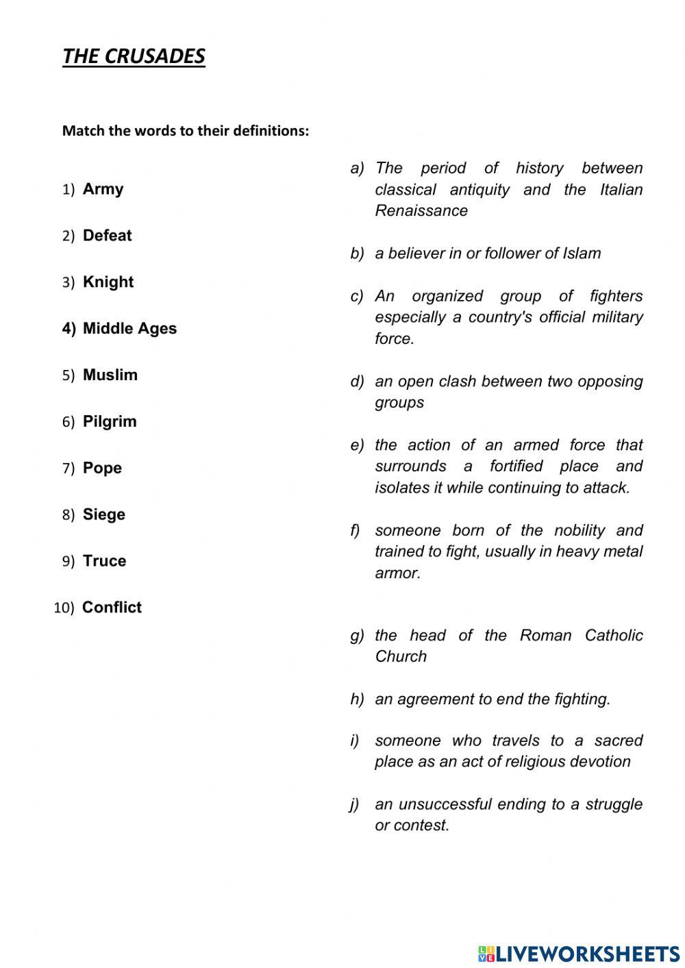 The Crusades-vocabulary activity