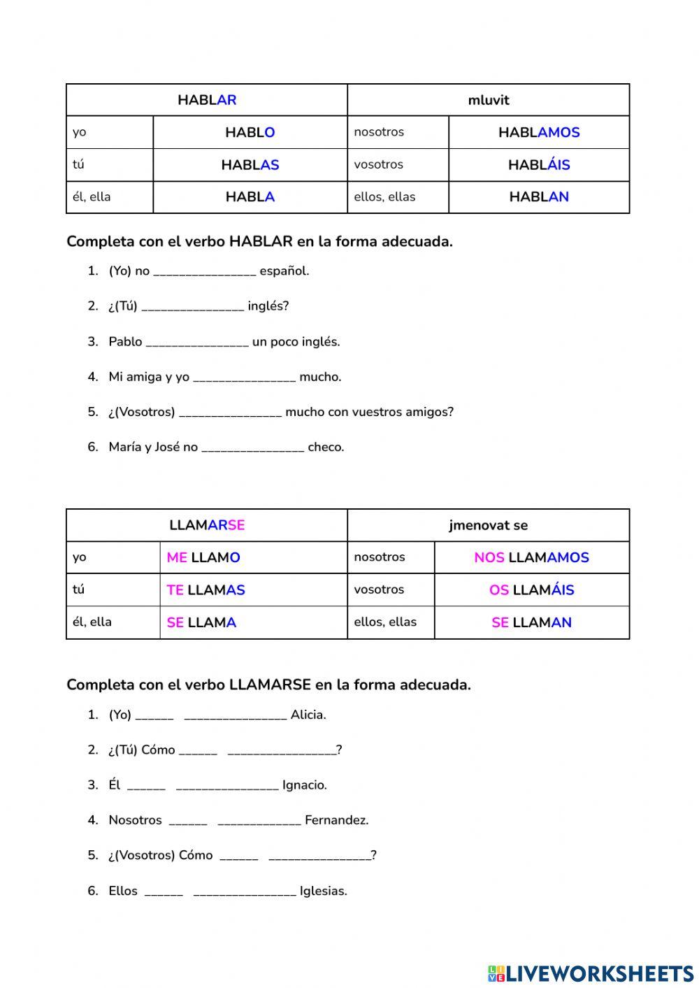 HABLAR, LLAMARSE - conjugación worksheet | Live Worksheets