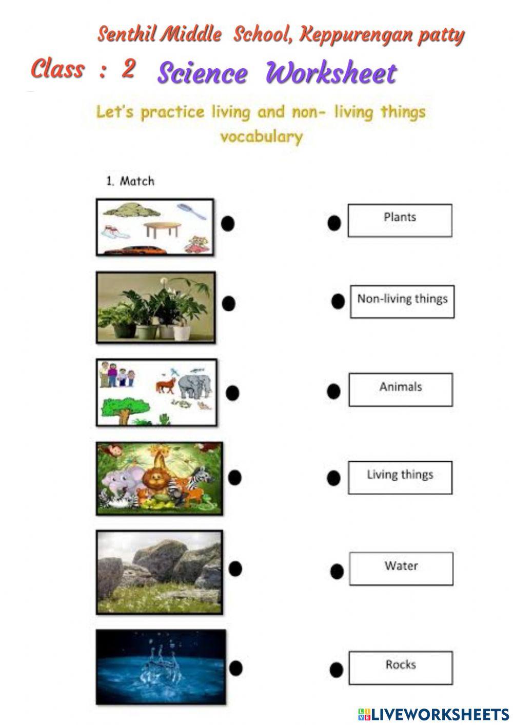 Class:2 -science- living and non living things worksheet- senthil middle school, keppurengan patty, prepared by r.kumanan,