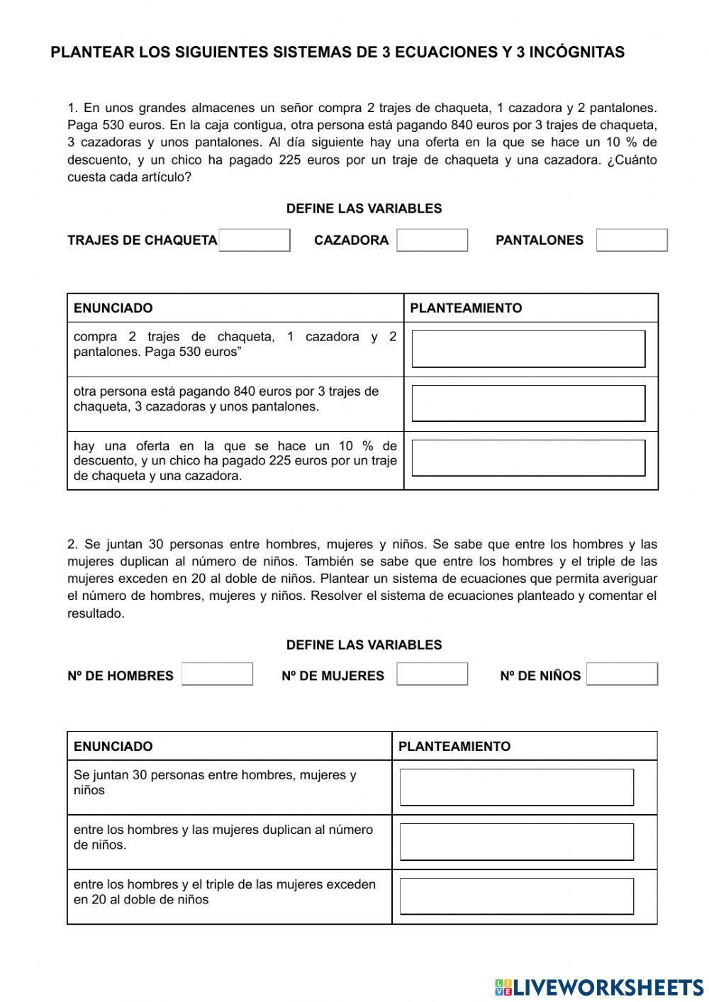 Plantear problemas de 3 ecuaciones y 3 incógnitas