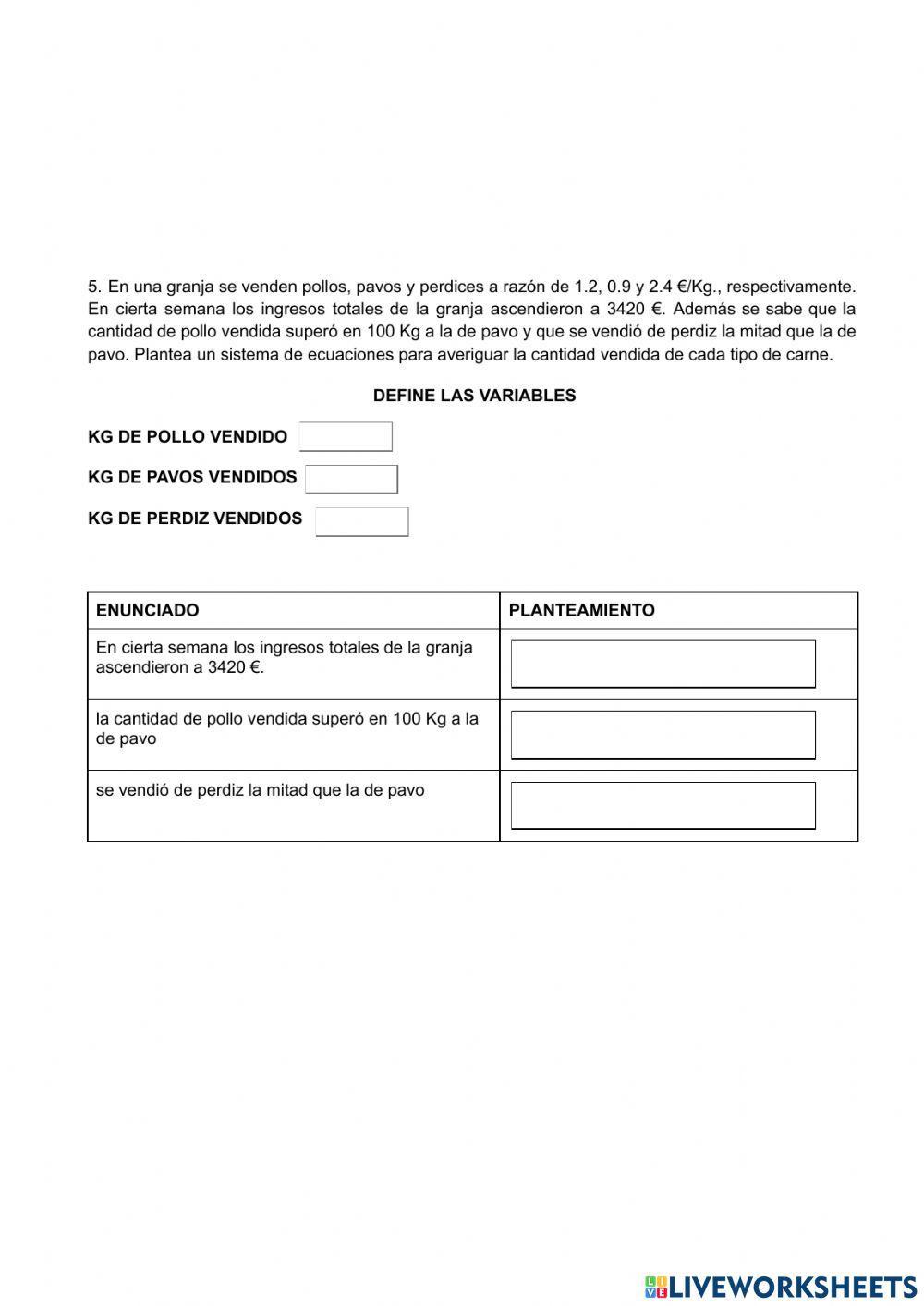 Plantear problemas de 3 ecuaciones y 3 incógnitas