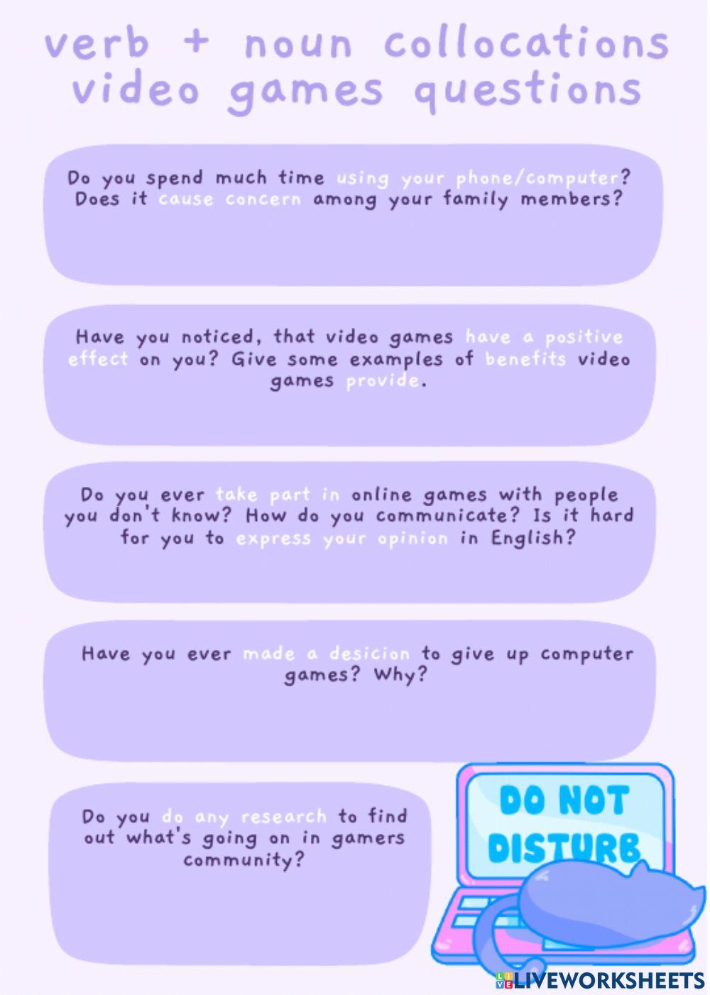 Collocations. video games questions (solutions 3F)