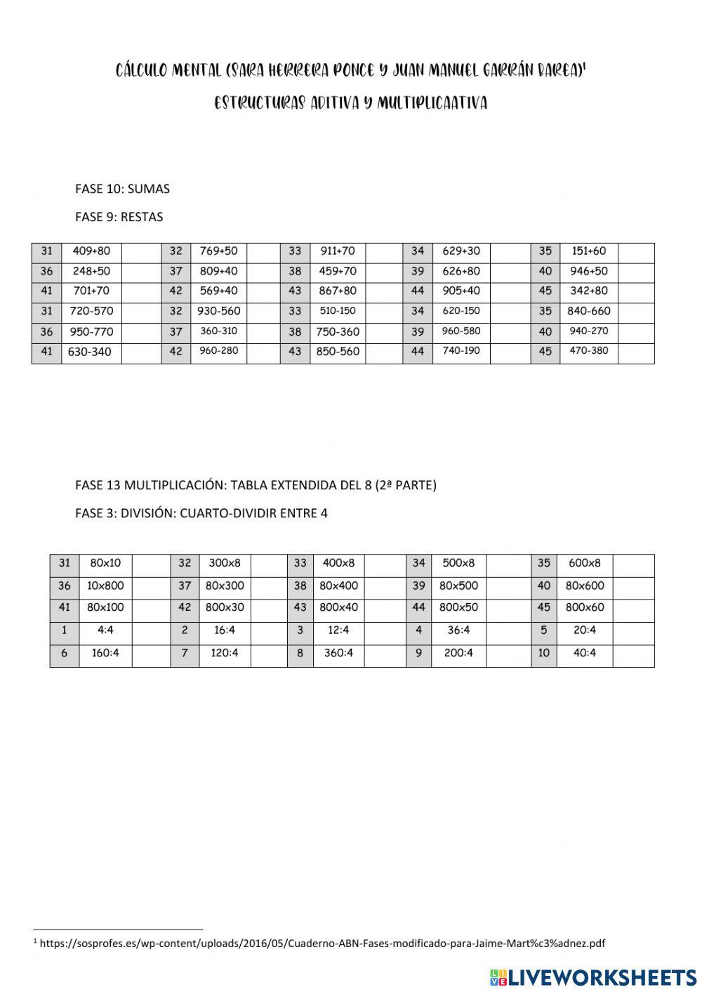 Cálculo mental e. aditiva y multiplicativa