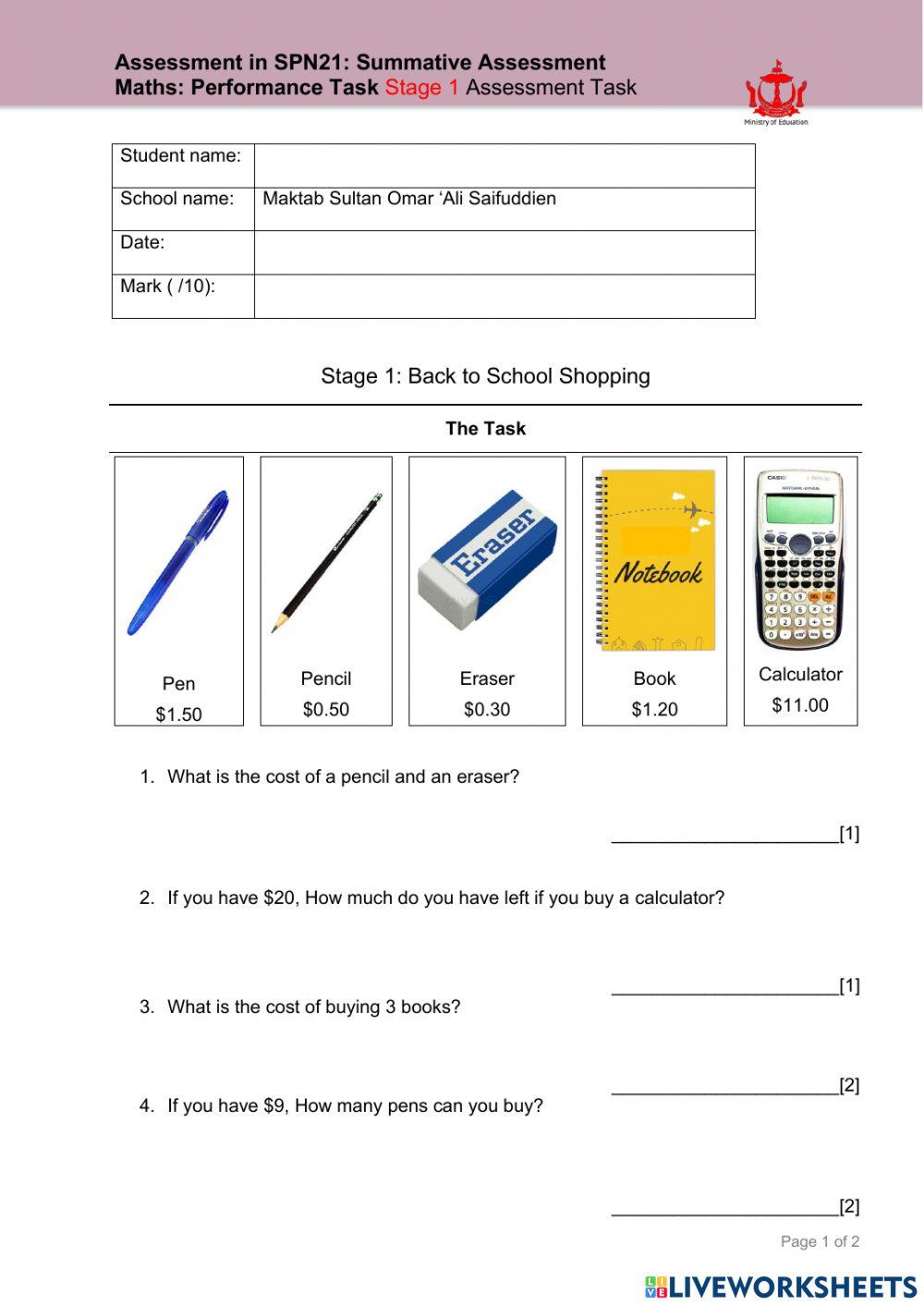 Math Performance Task Stage 1: Back To School online exercise for ... image.