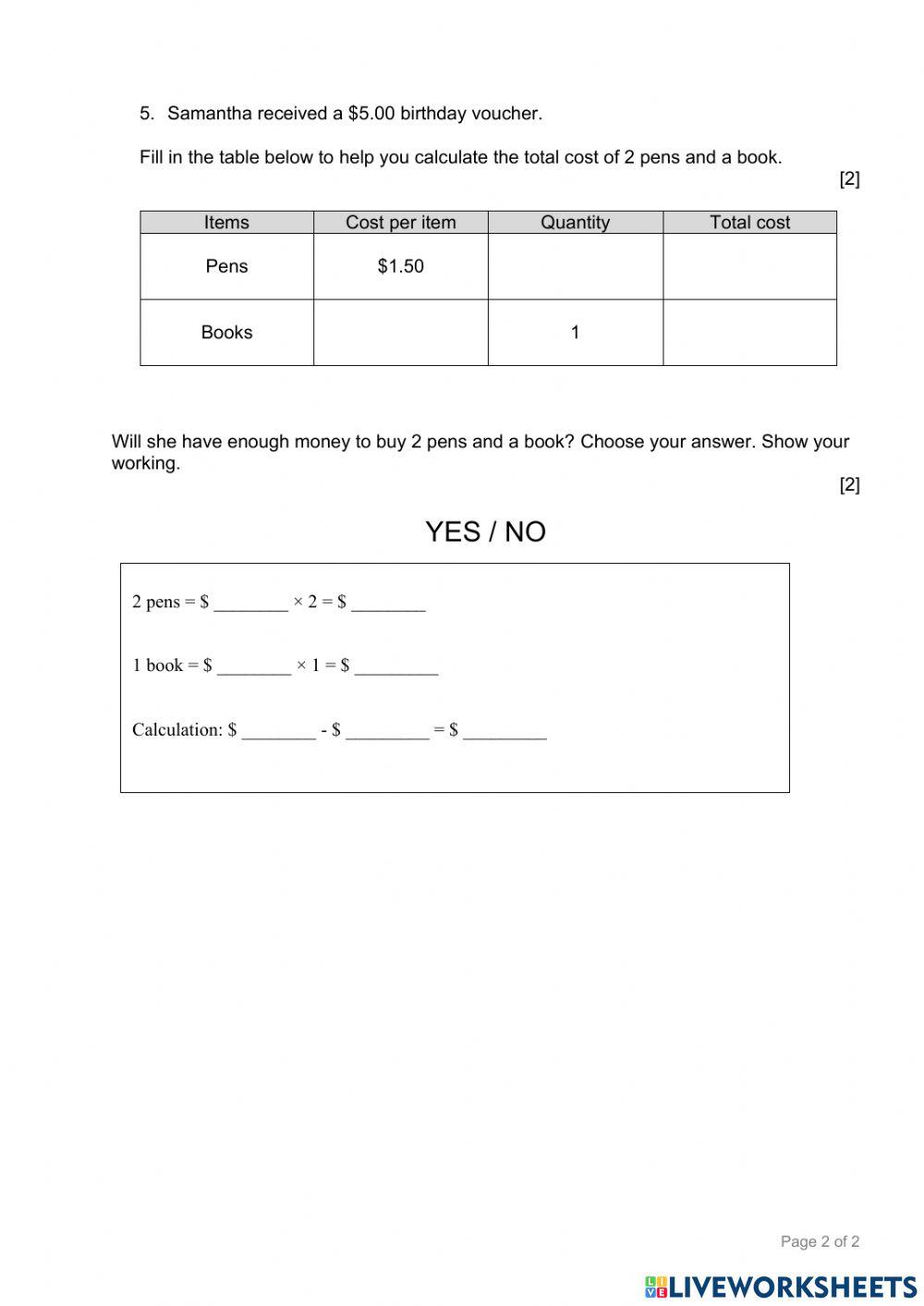 Math Performance Task Stage 1: Back To School online exercise for ...