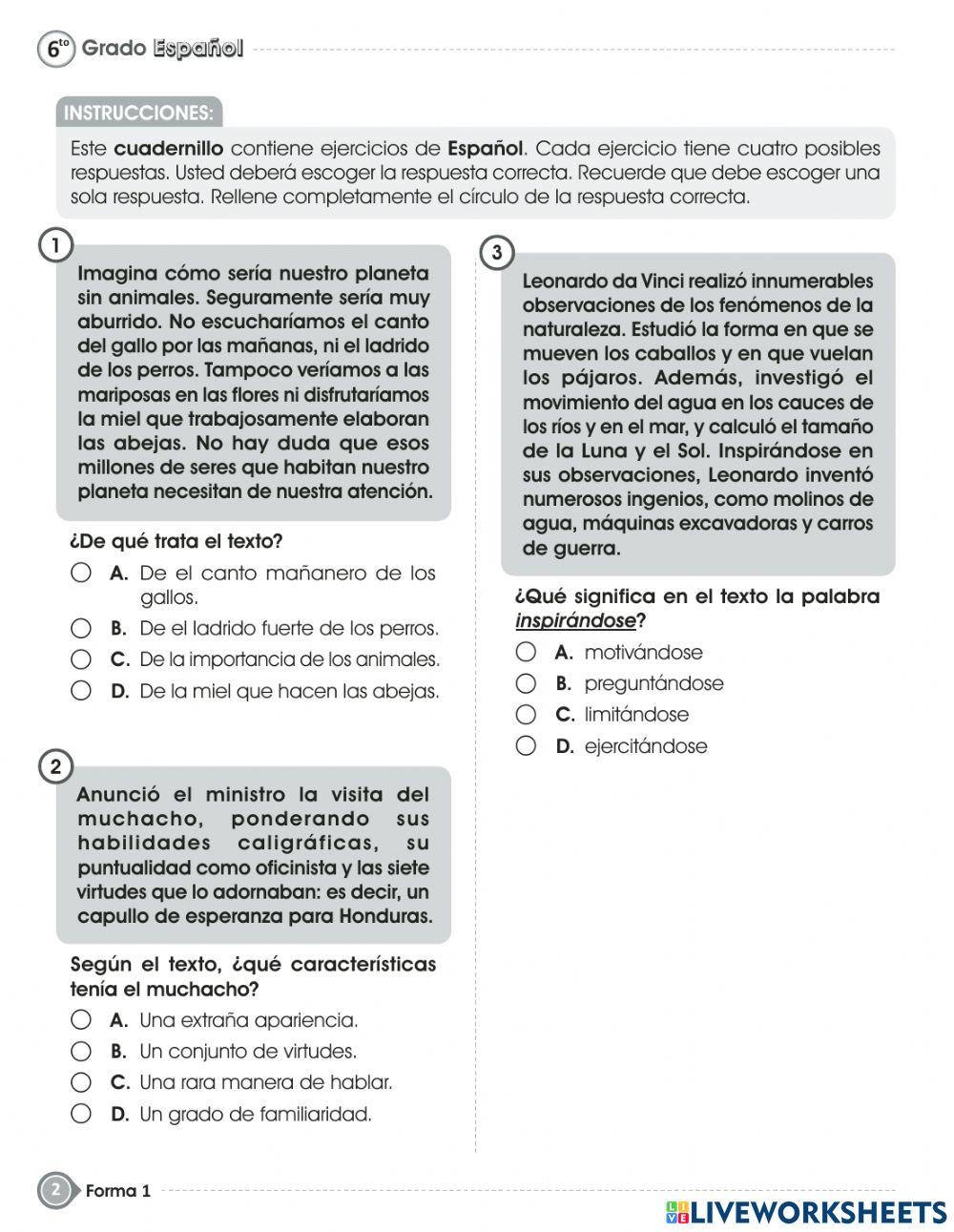 Prueba de fin de grado - español- sexto grado