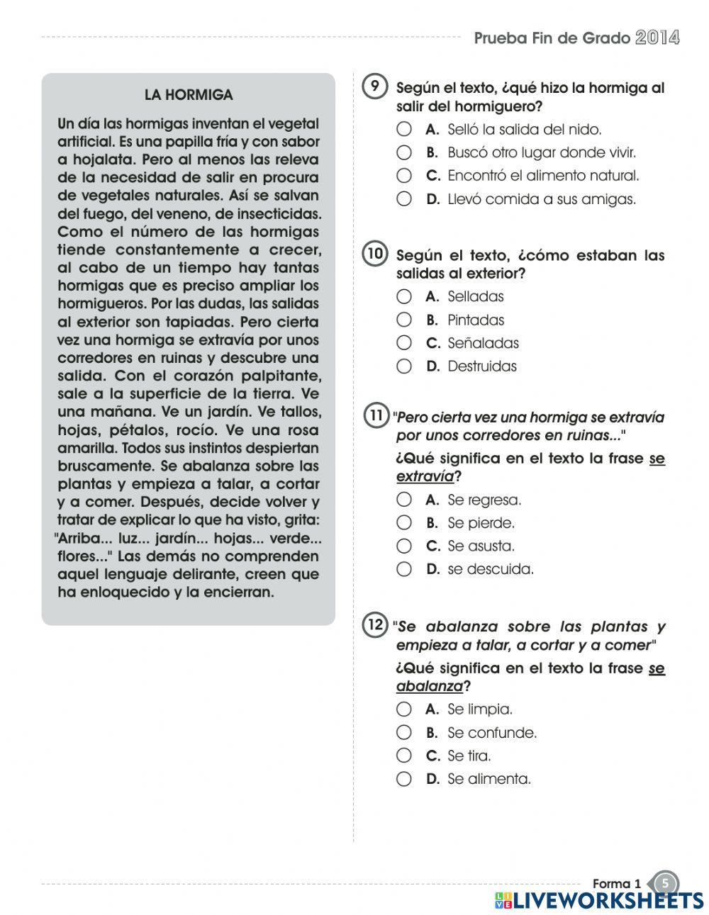 Prueba de fin de grado - español- sexto grado