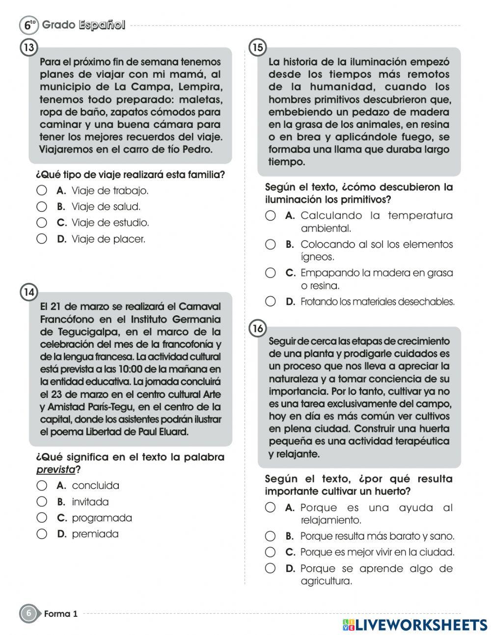 Prueba de fin de grado - español- sexto grado