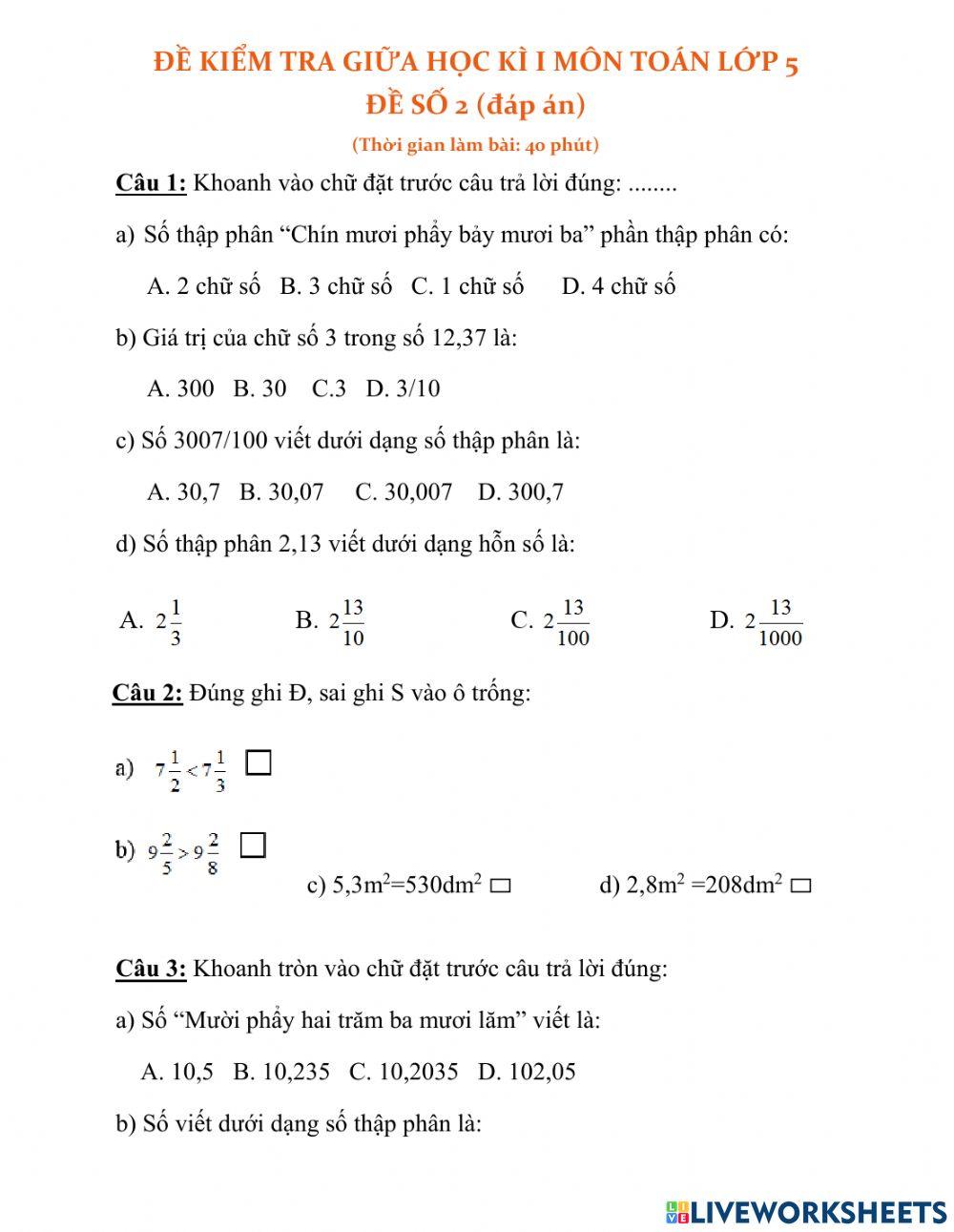 Đề giữa kì 1 môn toán - lớp 5
