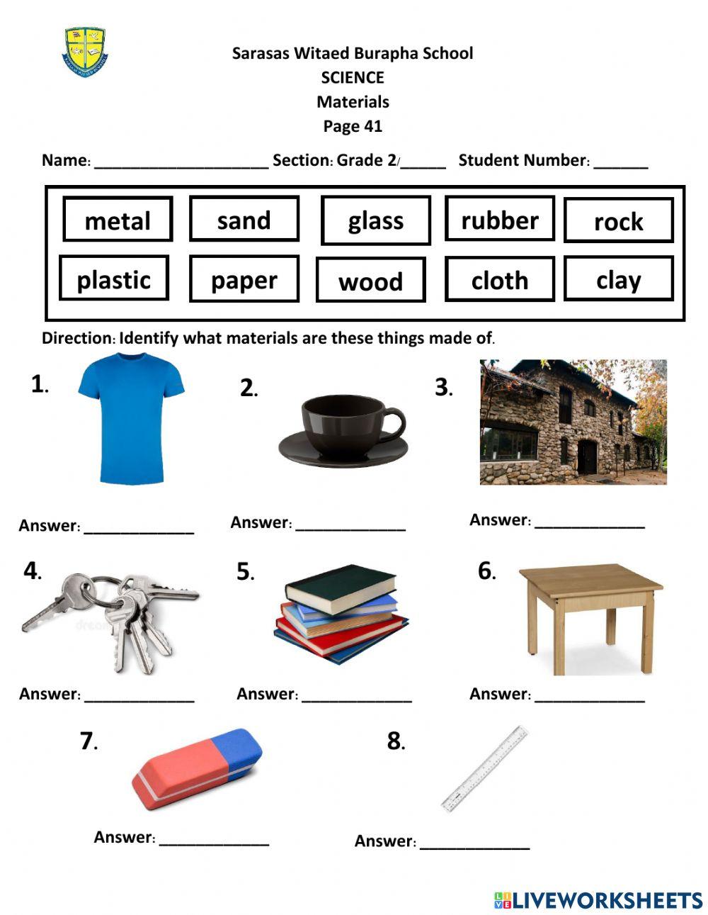 Science, Live Worksheet 1, Materials.