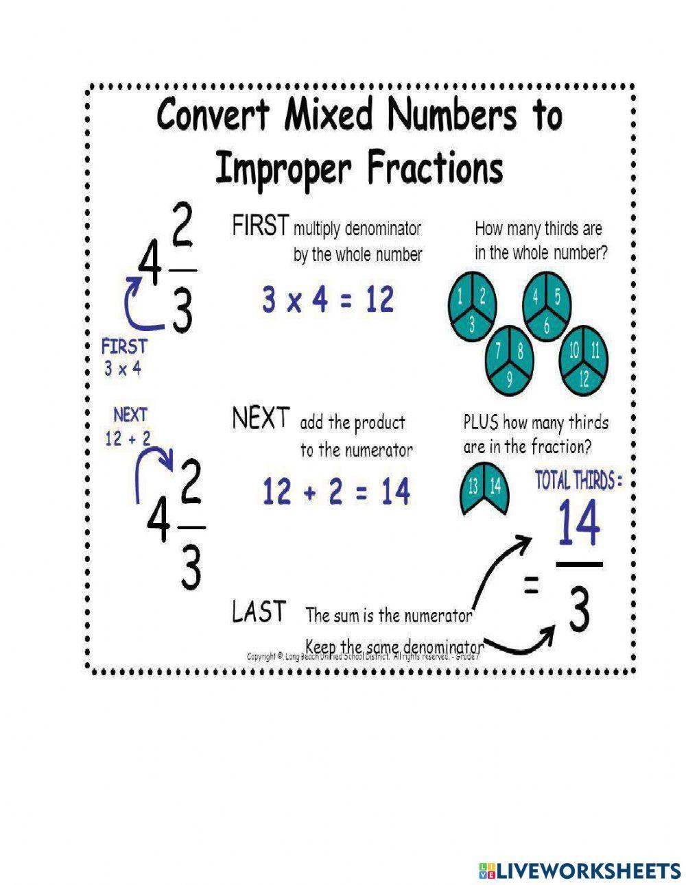 Maths-convert mixed number to improper fraction worksheet | Live Worksheets