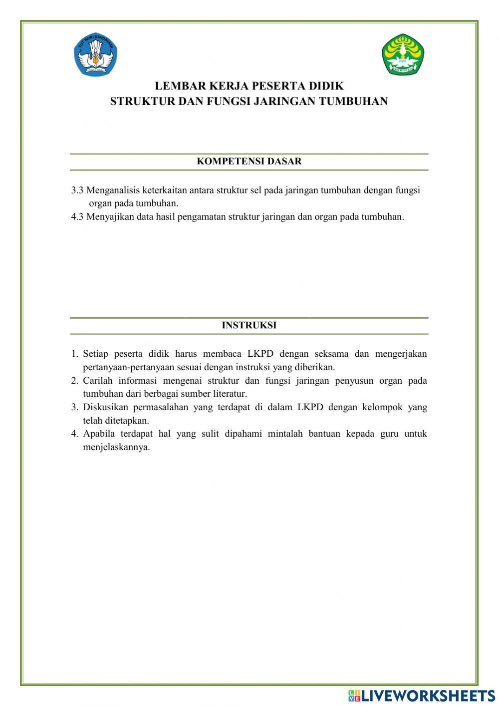 Lkpd Struktur dan Fungsi Jaringan Tumbuhan
