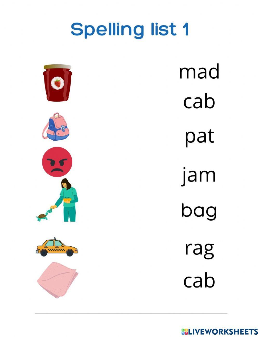 Spelling list 1 - 1st Grade worksheet | Live Worksheets