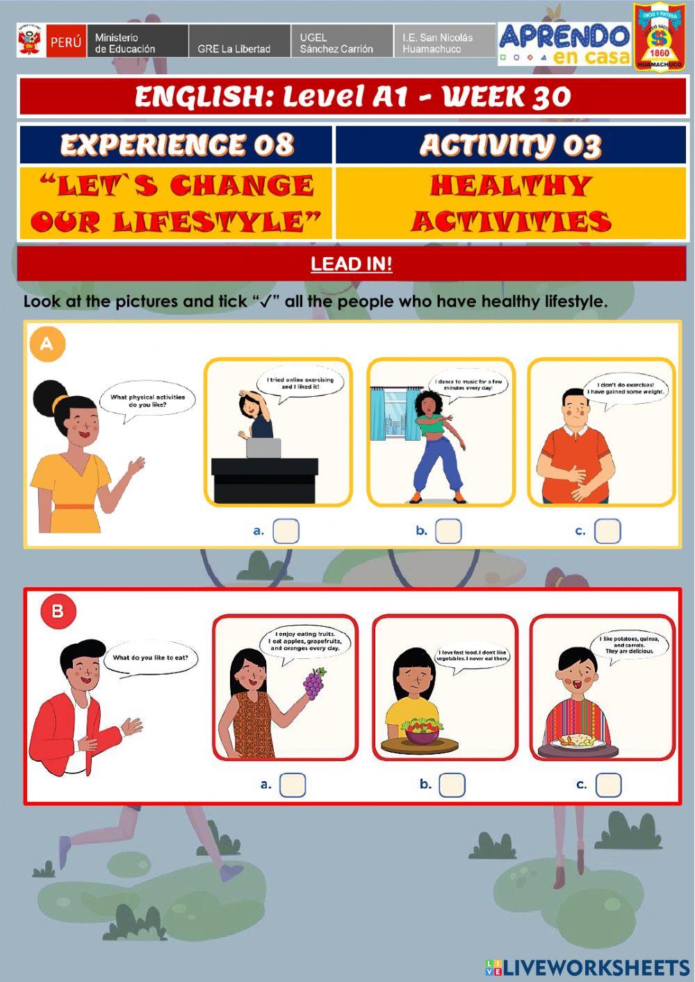 Week 30 - ENGLISH A1 - Experience 8 - Activity 3. Healthy Activities