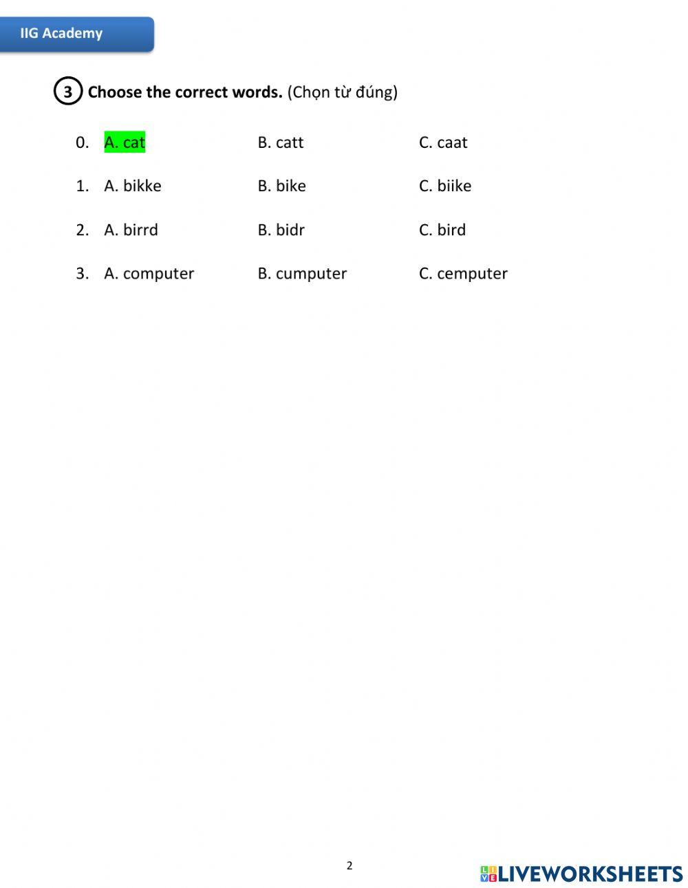 IIG-Grade 1-Worksheet 9
