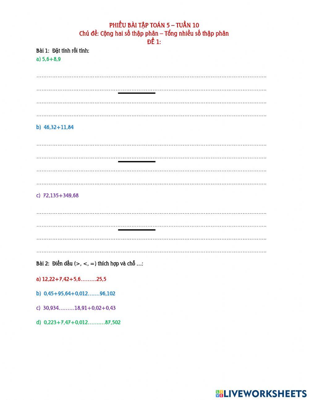 Bài tập Toán - Tuần 10 - Lớp 5