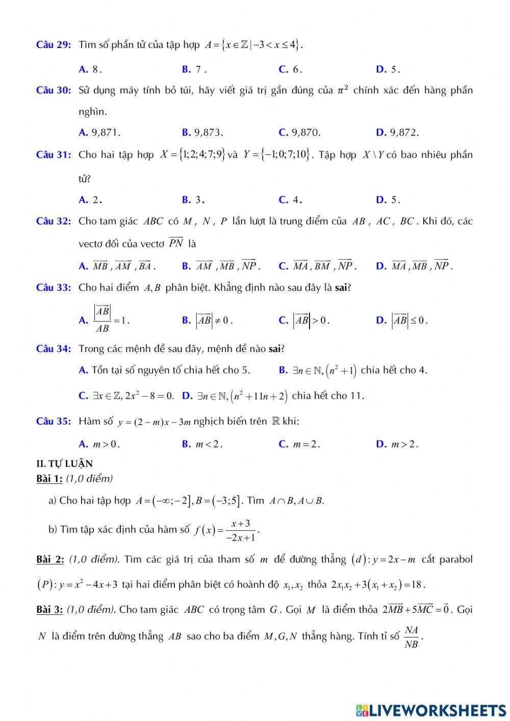 Toán 10 - Kiểm tra GK1 - Đề số 03