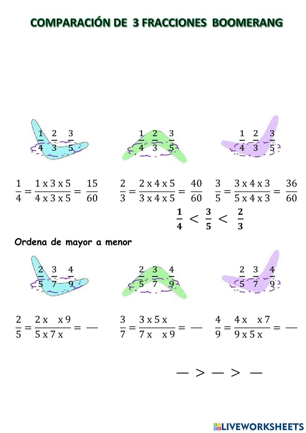 Comparación de tres fracciones con distinto denominador-Productos cruzados
