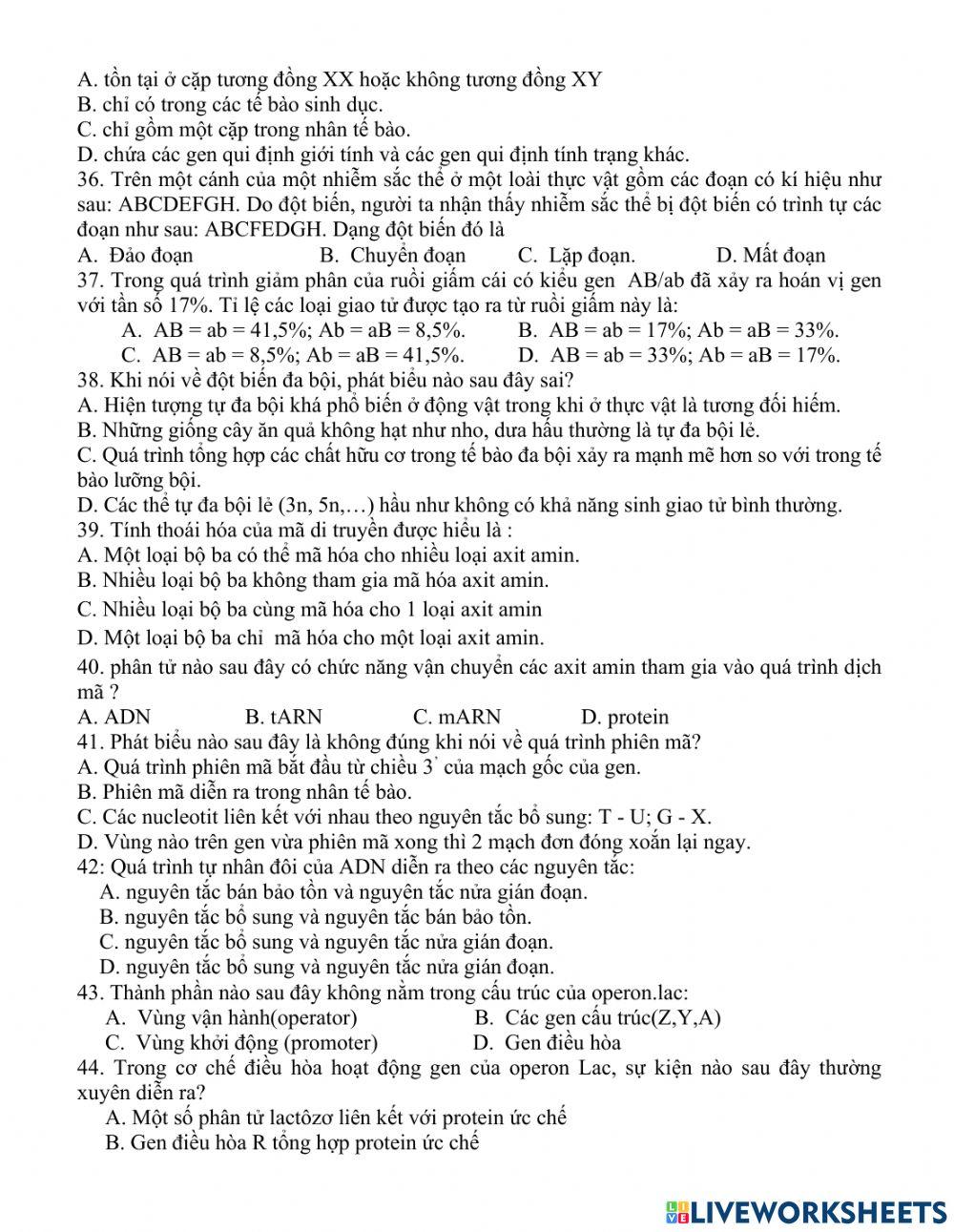 ôn tập giữa kì 1 sinh 12