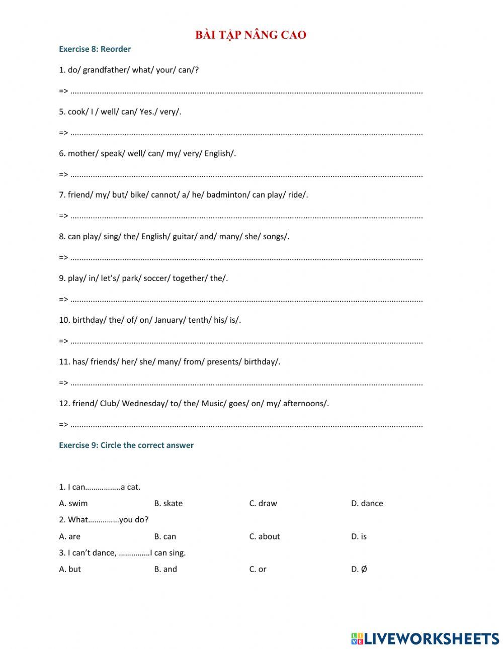 Bài tập nâng cao unit 5 grade 4