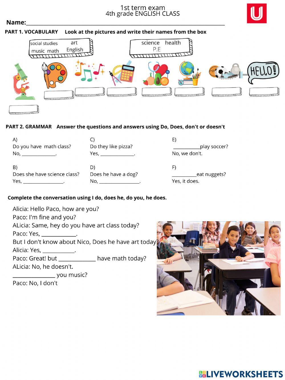 Examen trimestral english 4
