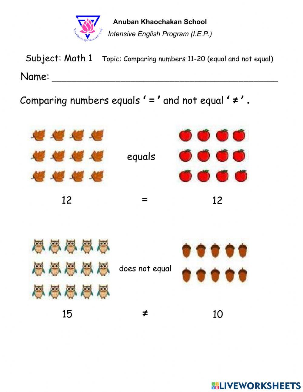 Comparing numbers 11-20 (equal and not equal)