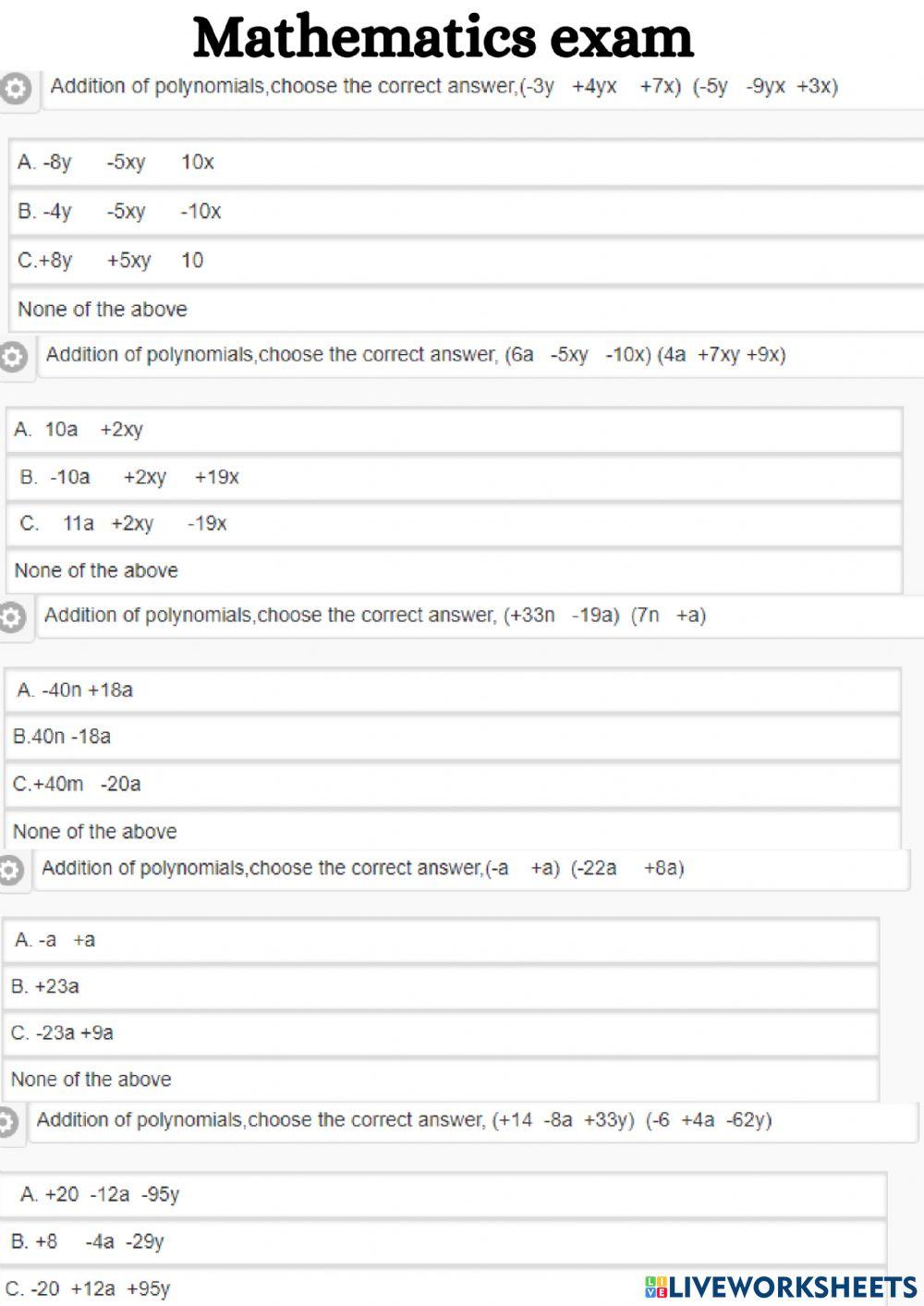 Math exam online exercise for 7a Live Worksheets