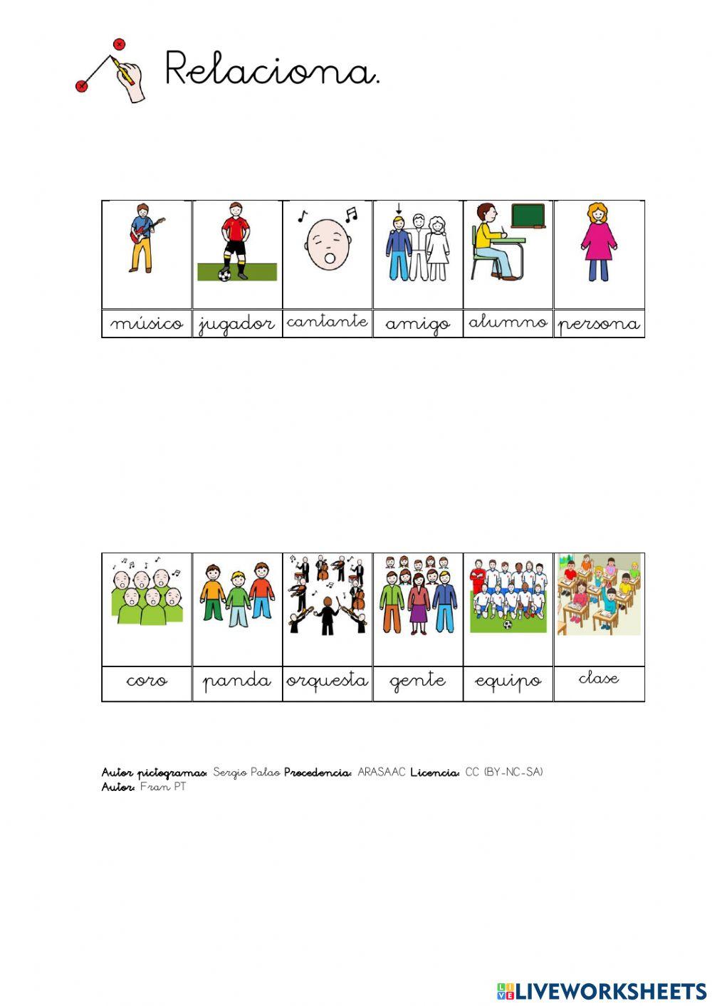 Relacionar sustantivos individuales y colectivos. (con pictogramas)