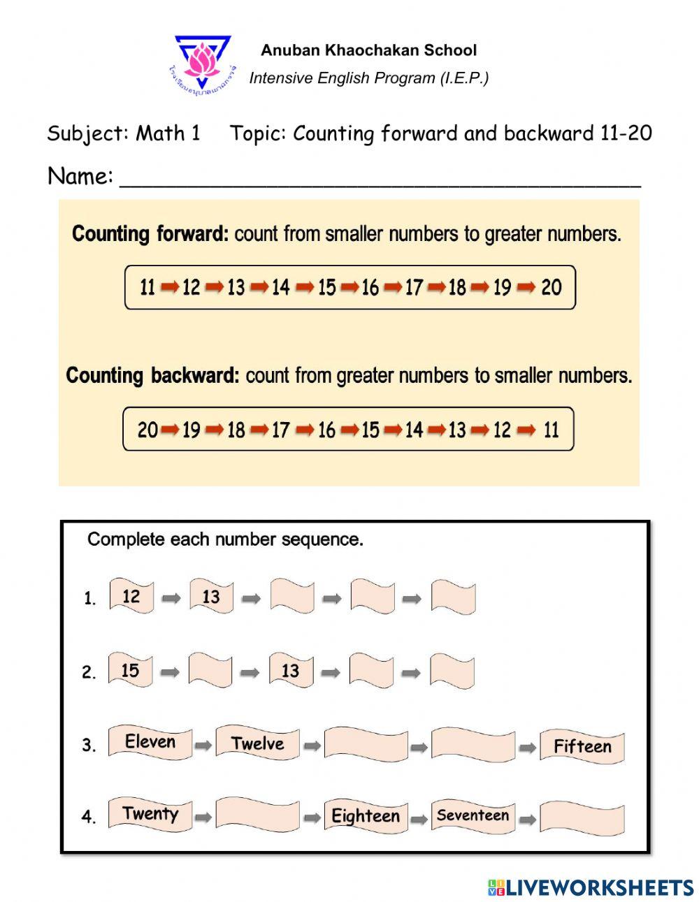 Counting numbers forward and backward (11-20)
