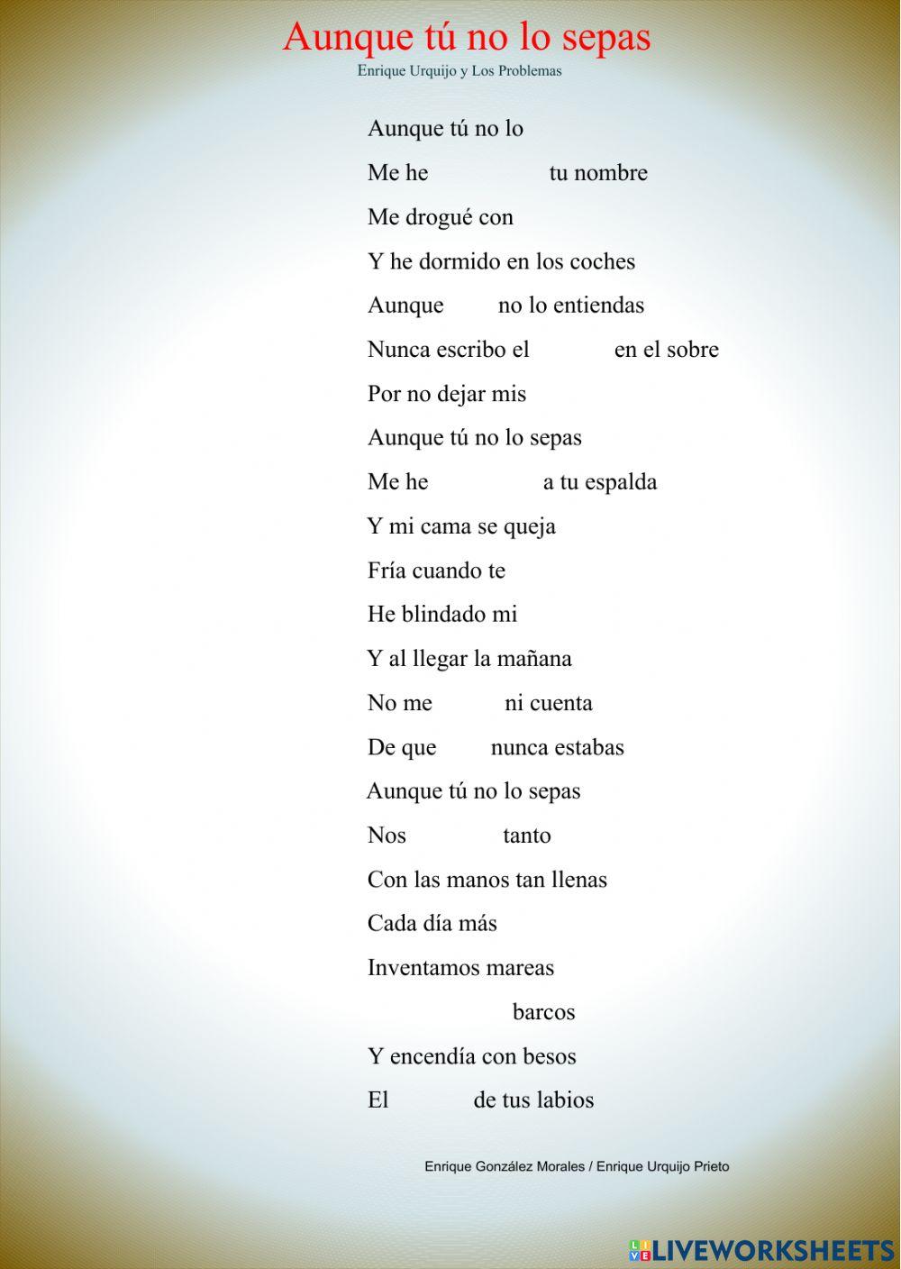 Aunque Tú No Lo Sepas Lyrics English Aunque tú no lo sepas worksheet | Live Worksheets