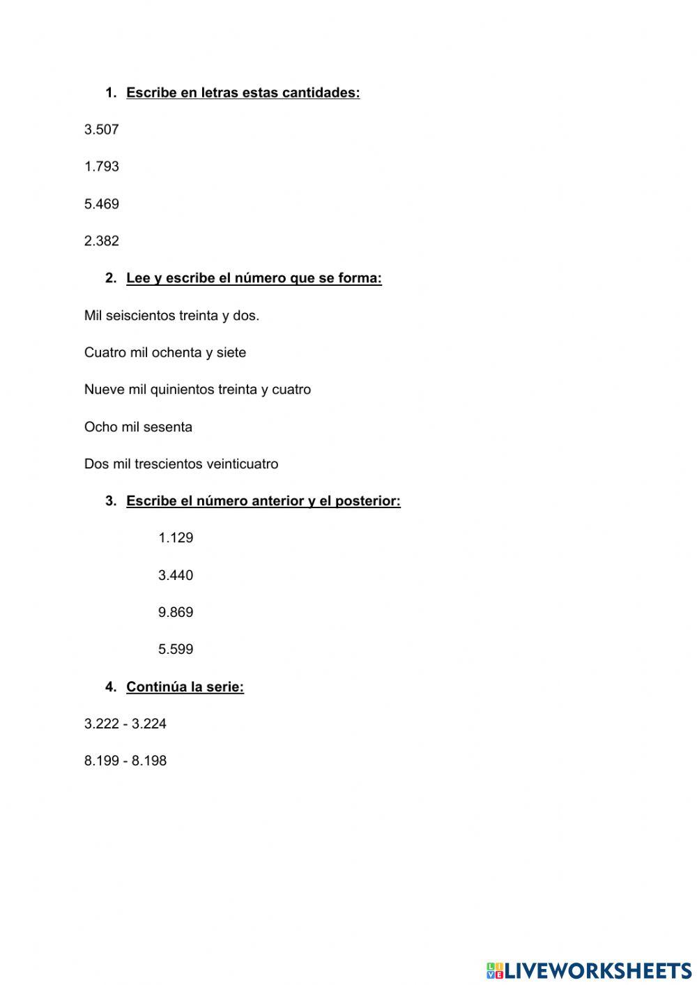 Escritura de números de 4 cifras
