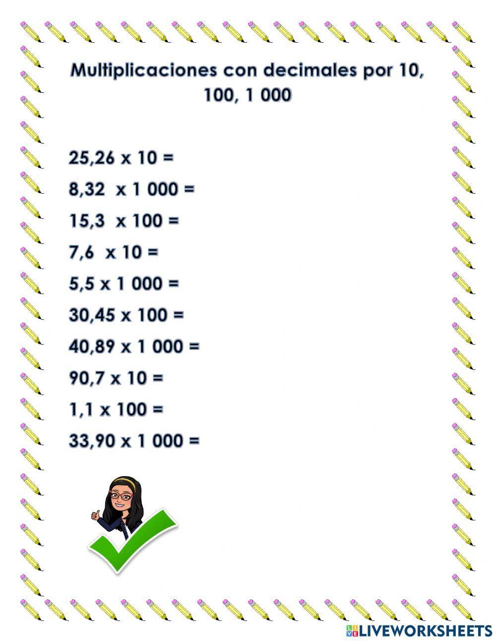 Multiplicaciones con decimales por 10, 100, 1 000